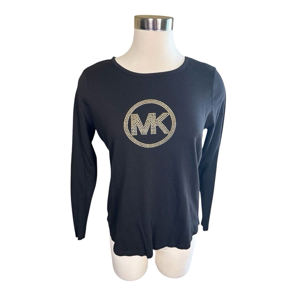 Michael Kors Golf Studded Logo Long Sleeve Tee Top Black Sz M